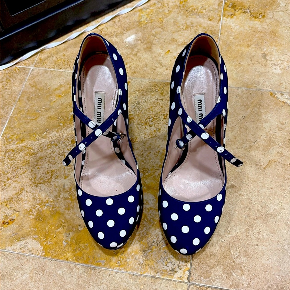 Miu Miu Blue Polka Dot Canvas Mary Jane Platform Ankle Strap Pumps